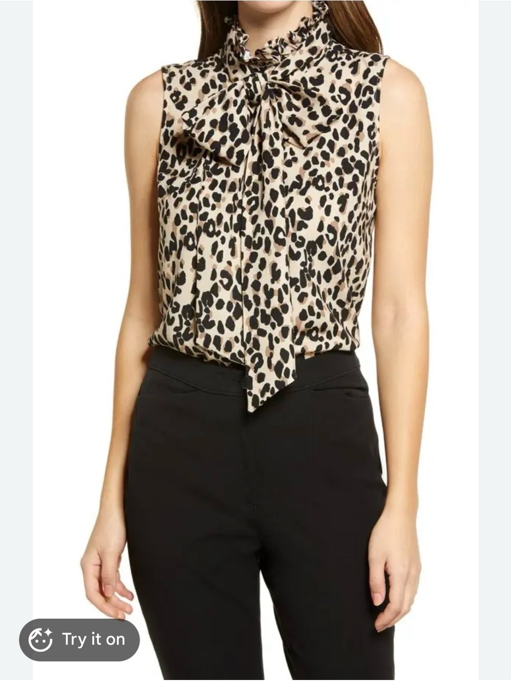 Halogen Sleeveless Tie Neck Leopard Print Blouse Careerwear‎ Formal Size Small
